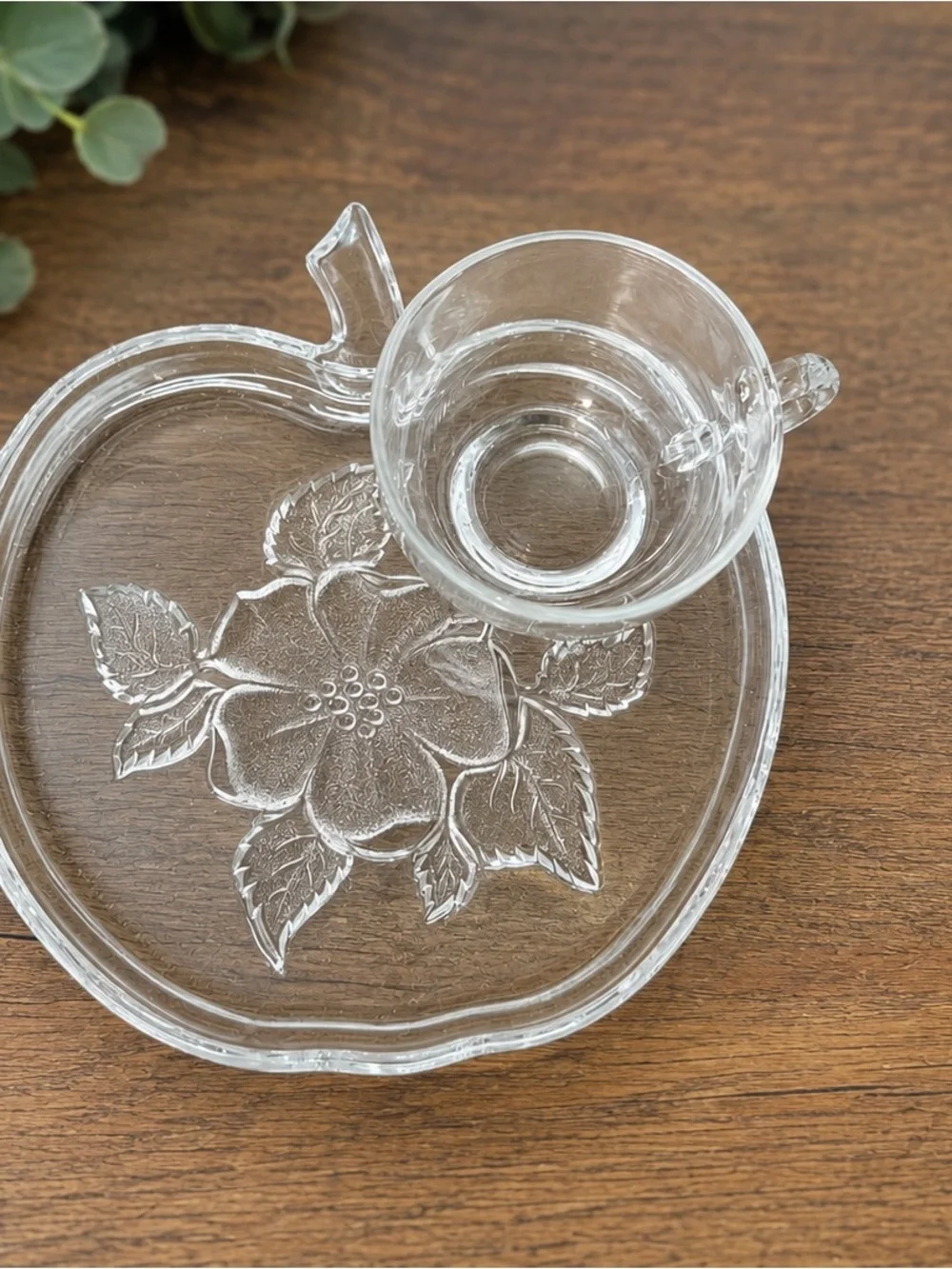 Vintage Clear Glass Apple Shaped Snack Tray & Cup Set Embossed Floral